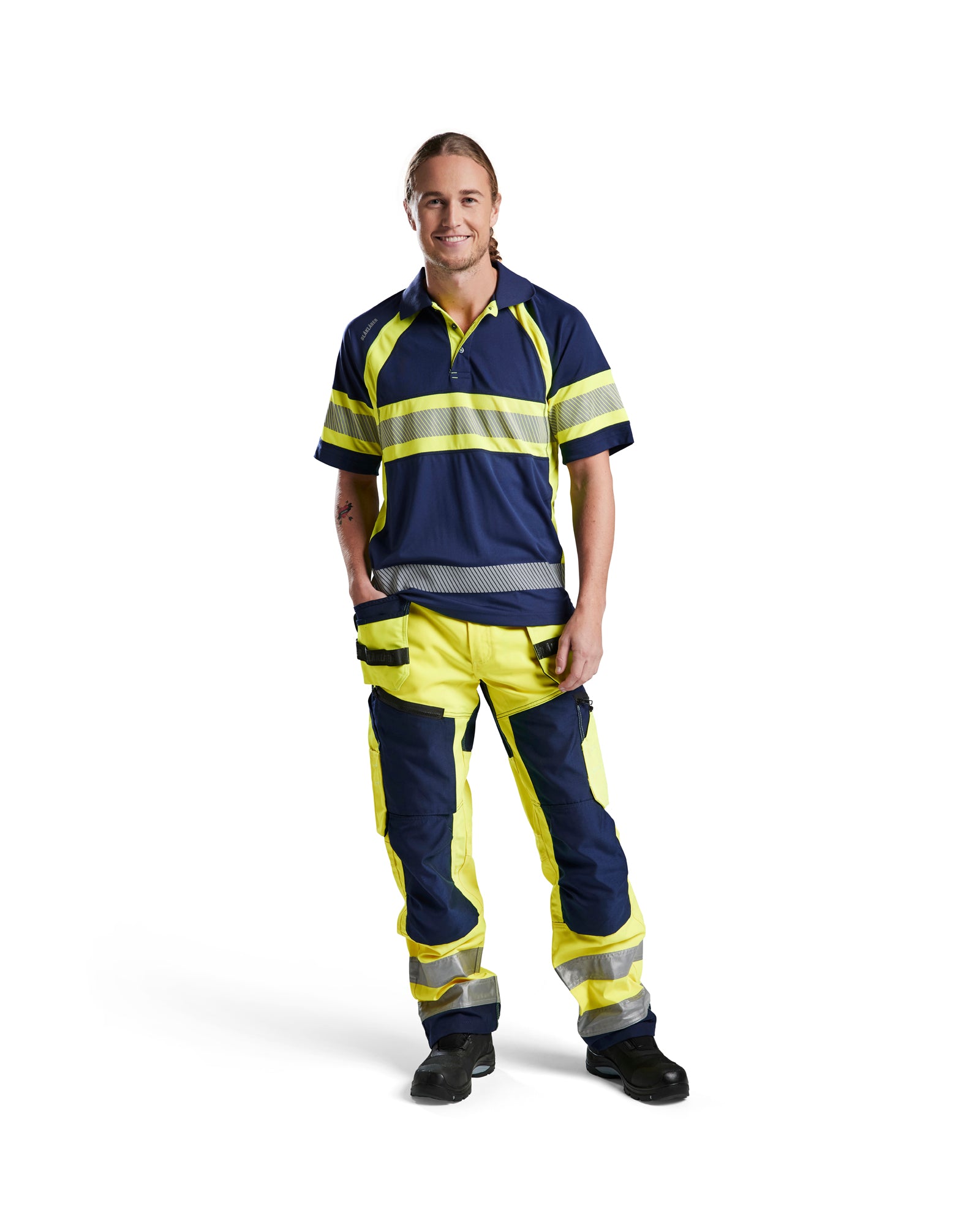 HI-VIS X1600 WORK PANTS - Yellow Hi-viz/Navy blue