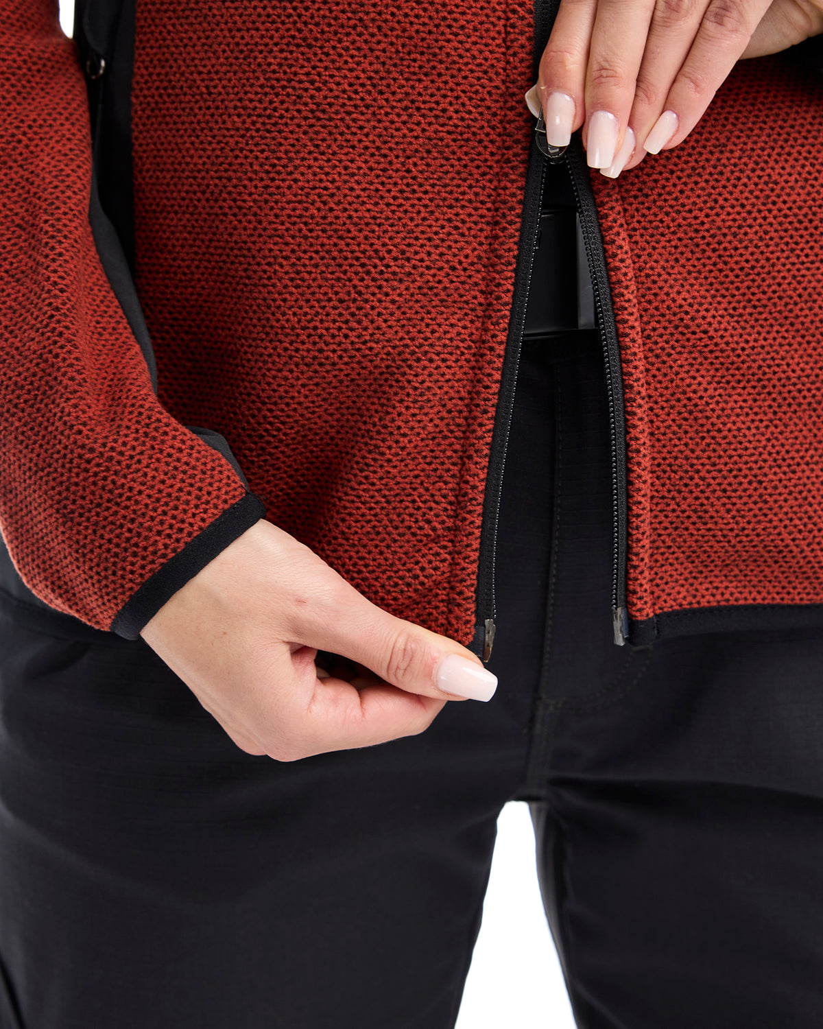 Women's Knitted Fleece Jacket - Burned Red/Black