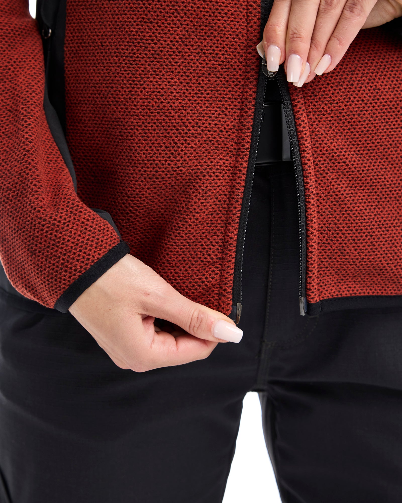 Women's Knitted Fleece Jacket - Burned Red/Black
